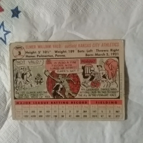 1956 Topps #3b Elmer Valo - Picture 2 of 2